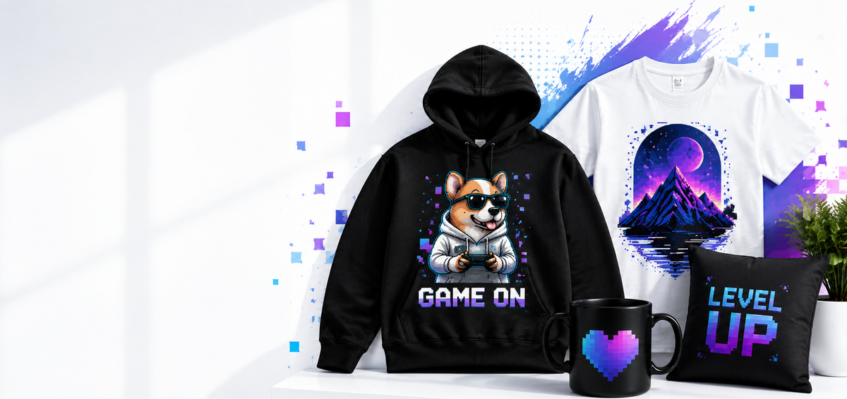 A product mockup displaying a black hoodie with a corgi graphic and 'GAME ON' text, a white t-shirt with a purple pixel-art moon graphic, a black mug with a purple pixel heart, and a black pillow with 'LEVEL UP' text, arranged on a white shelf against a white background with digital pixel splatters.